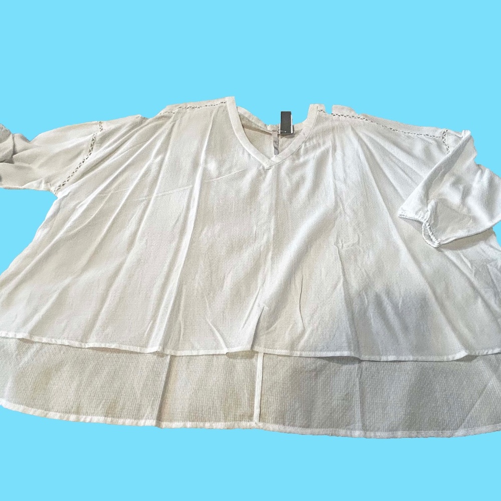 ¾ SLEEVED BLOUSE, WHITE, SIZE 4X, TEXTURED 100% COTTON, WITH CUT-OUTS, ELASTIC